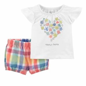 Carter's White Floral Top and Plaid Shorts Set